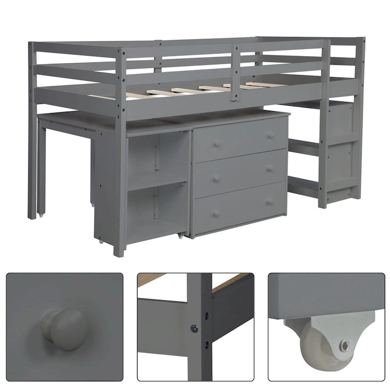 Lit mezzanine bas double avec bureau et armoire – Espresso / Blanc / Gris, simple