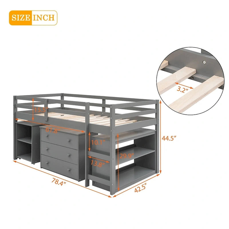 Lit mezzanine bas double avec bureau et armoire – Espresso / Blanc / Gris, simple