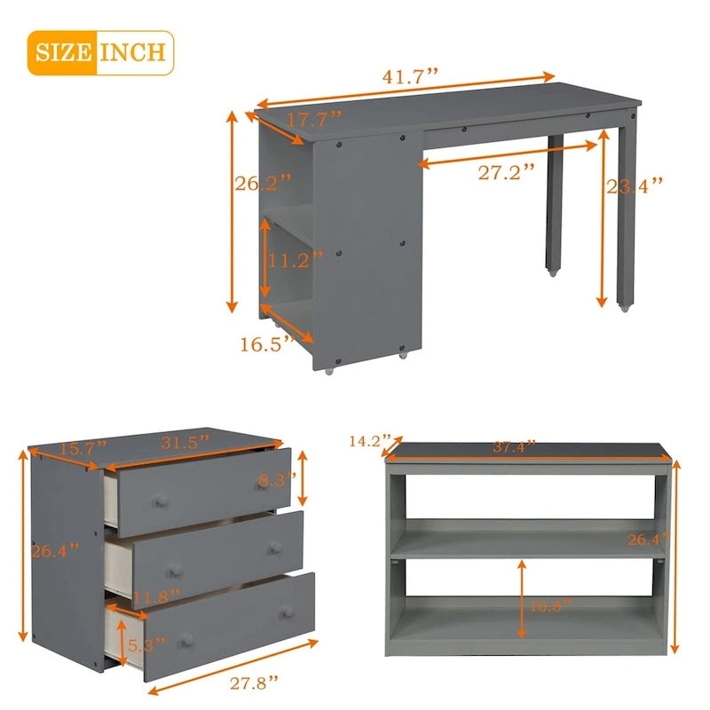 Lit mezzanine bas double avec bureau et armoire – Espresso / Blanc / Gris, simple