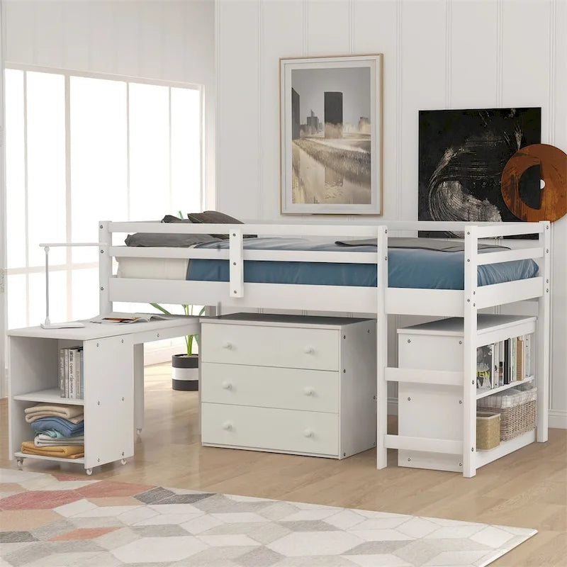 Lit mezzanine bas double avec bureau et armoire – Espresso / Blanc / Gris, simple