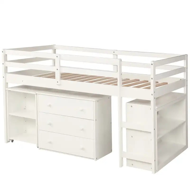 Lit mezzanine bas double avec bureau et armoire – Espresso / Blanc / Gris, simple