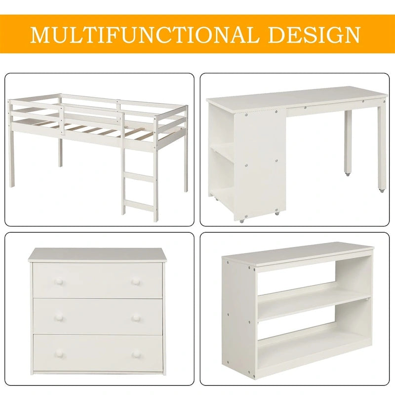 Lit mezzanine bas double avec bureau et armoire – Espresso / Blanc / Gris, simple