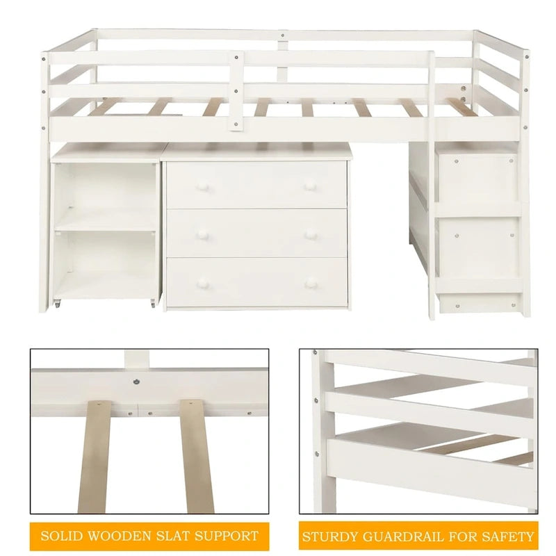 Lit mezzanine bas double avec bureau et armoire – Espresso / Blanc / Gris, simple