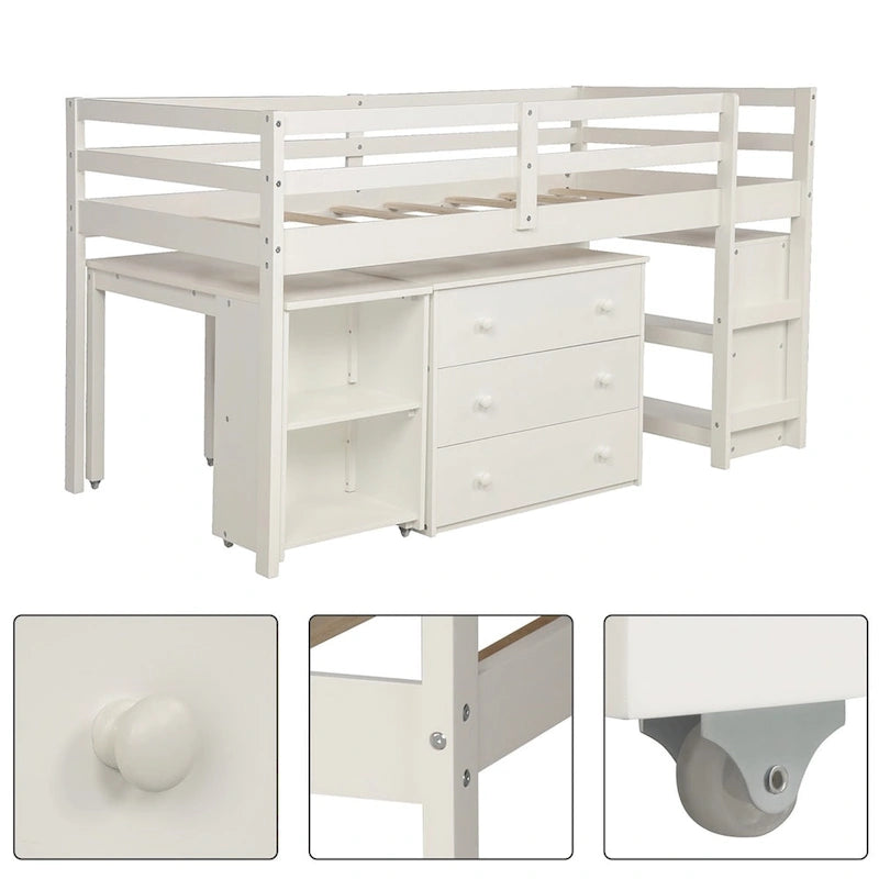 Lit mezzanine bas double avec bureau et armoire – Espresso / Blanc / Gris, simple