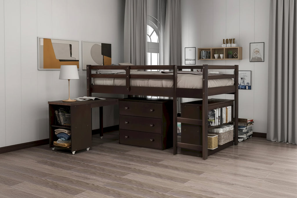 Lit mezzanine bas double avec bureau et armoire – Espresso / Blanc / Gris, simple
