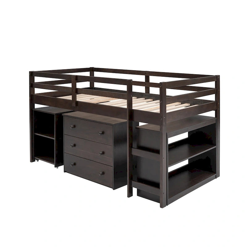 Lit mezzanine bas double avec bureau et armoire – Espresso / Blanc / Gris, simple