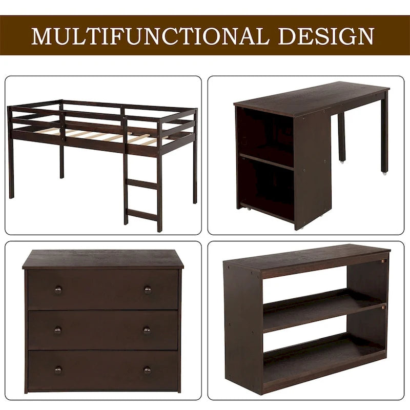 Lit mezzanine bas double avec bureau et armoire – Espresso / Blanc / Gris, simple
