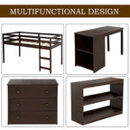 Lit mezzanine bas double avec bureau et armoire – Espresso / Blanc / Gris, simple