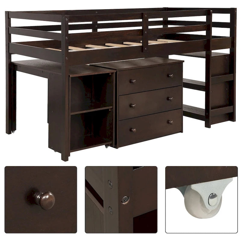 Lit mezzanine bas double avec bureau et armoire – Espresso / Blanc / Gris, simple