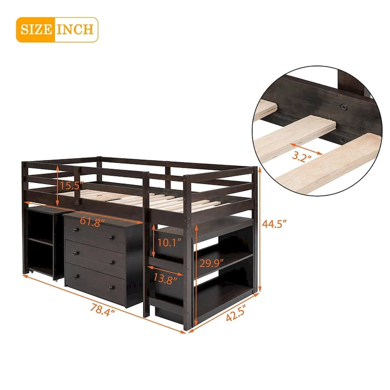 Lit mezzanine bas double avec bureau et armoire – Espresso / Blanc / Gris, simple