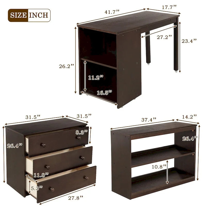 Lit mezzanine bas double avec bureau et armoire – Espresso / Blanc / Gris, simple