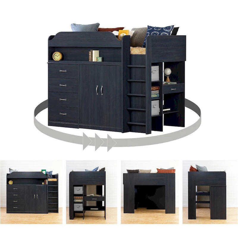 Lit mezzanine myrtille avec bureau et rangement, une place