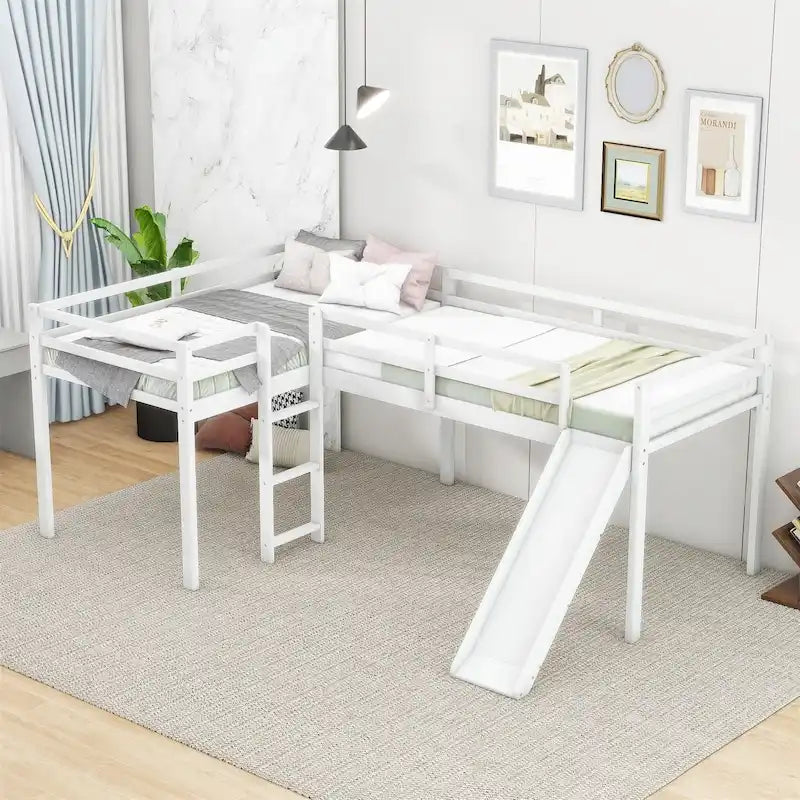 Lit mezzanine en bois en forme de L blanc/gris avec toboggan et échelle, 2 personnes