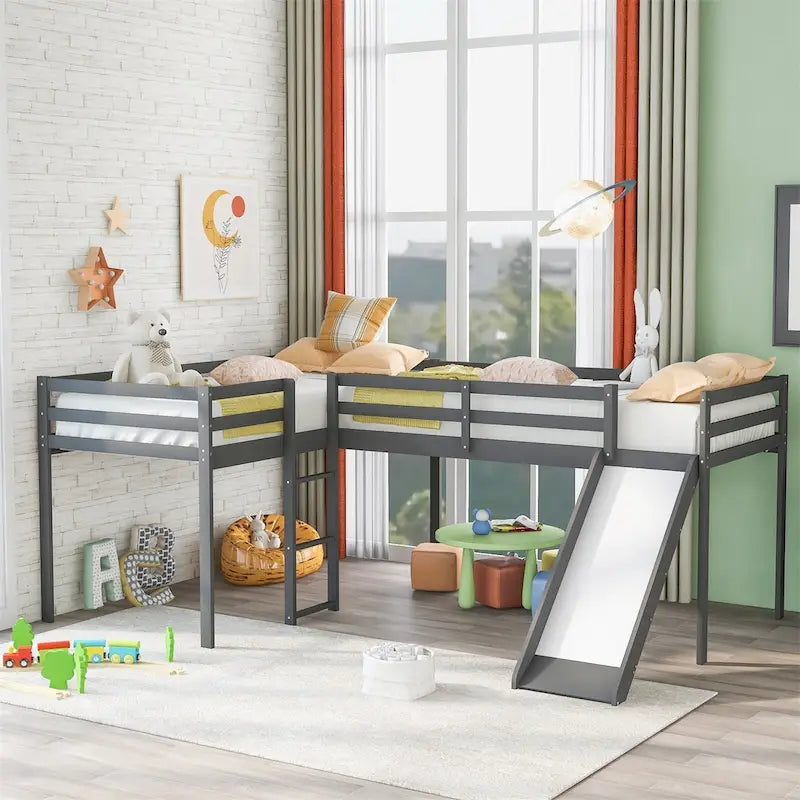Lit mezzanine en bois en forme de L blanc/gris avec toboggan et échelle, 2 personnes