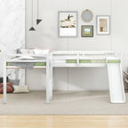 Lit mezzanine en bois en forme de L blanc/gris avec toboggan et échelle, 2 personnes