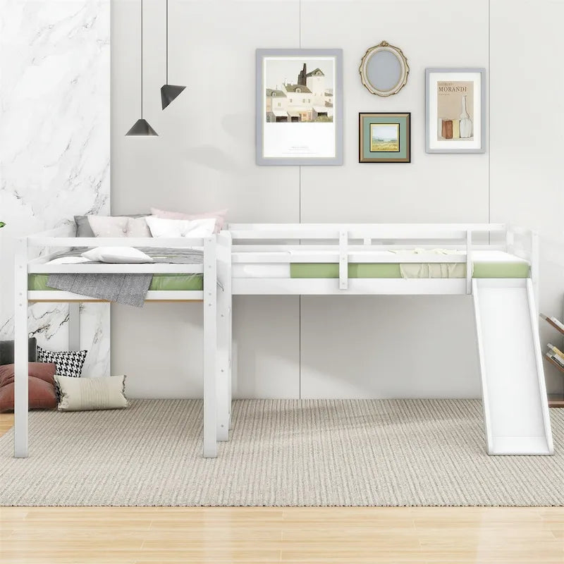 Lit mezzanine en bois en forme de L blanc/gris avec toboggan et échelle, 2 personnes
