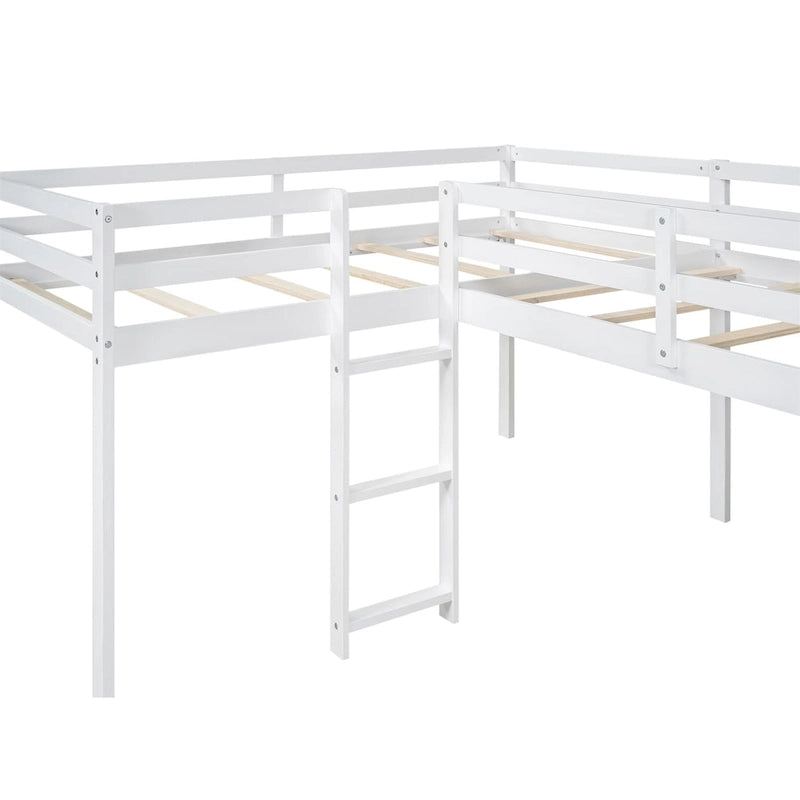 Lit mezzanine en bois en forme de L blanc/gris avec toboggan et échelle, 2 personnes