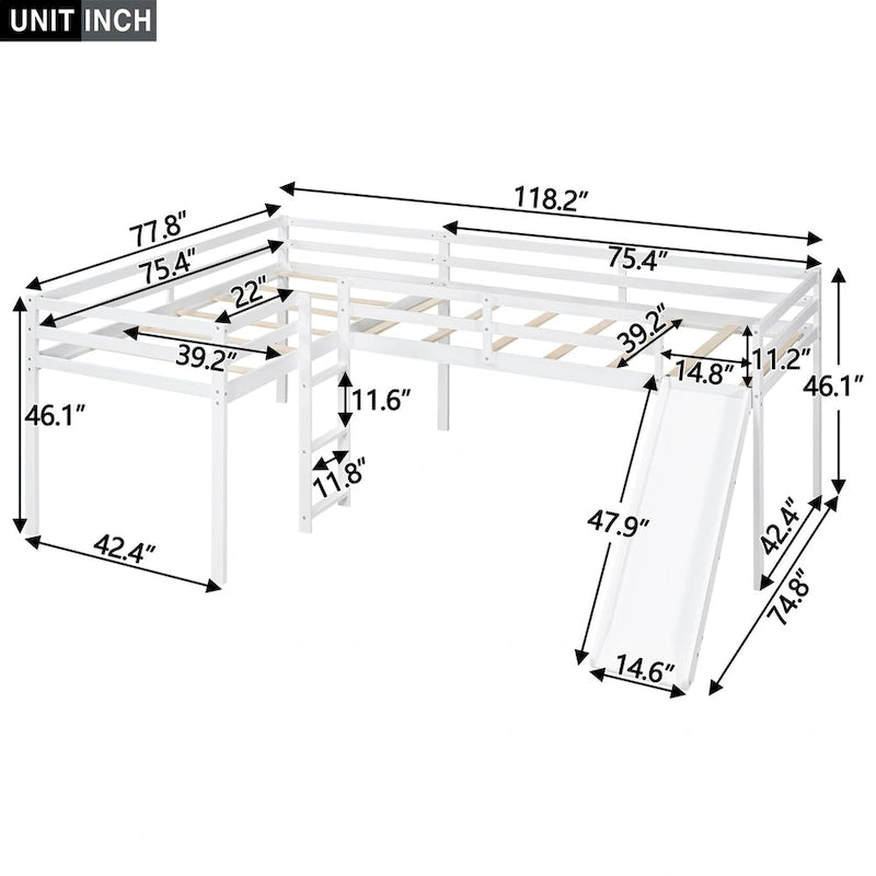 Lit mezzanine en bois en forme de L blanc/gris avec toboggan et échelle, 2 personnes