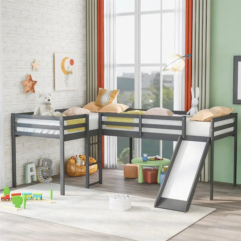 Lit mezzanine en bois en forme de L blanc/gris avec toboggan et échelle, 2 personnes