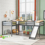 Lit mezzanine en bois en forme de L blanc/gris avec toboggan et échelle, 2 personnes