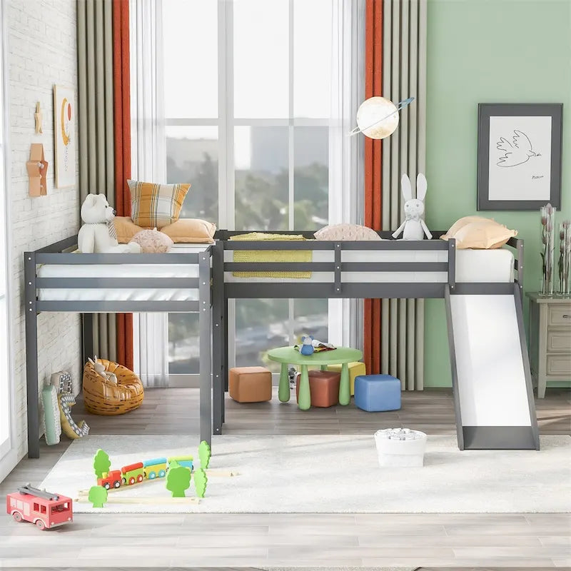 Lit mezzanine en bois en forme de L blanc/gris avec toboggan et échelle, 2 personnes