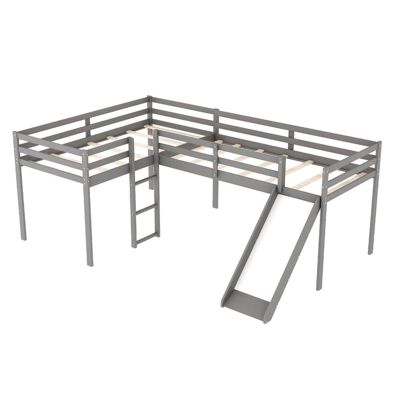 Lit mezzanine en bois en forme de L blanc/gris avec toboggan et échelle, 2 personnes