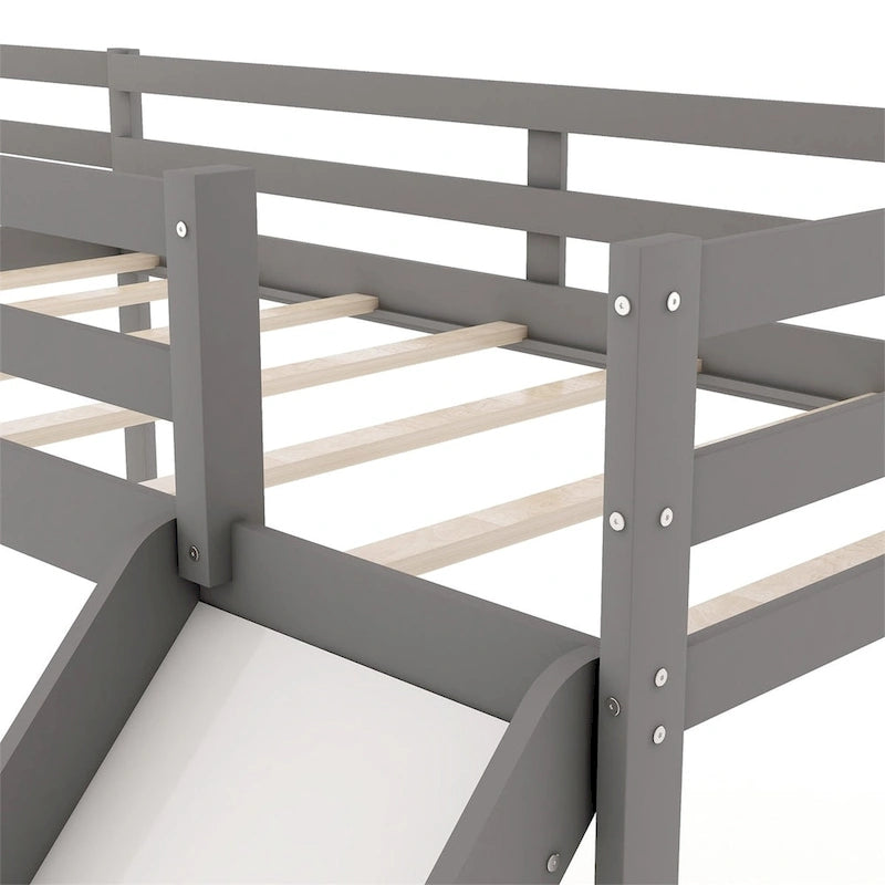 Lit mezzanine en bois en forme de L blanc/gris avec toboggan et échelle, 2 personnes