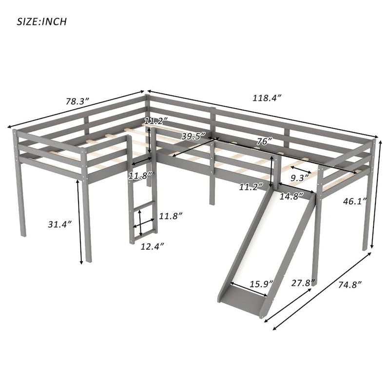 Lit mezzanine en bois en forme de L blanc/gris avec toboggan et échelle, 2 personnes