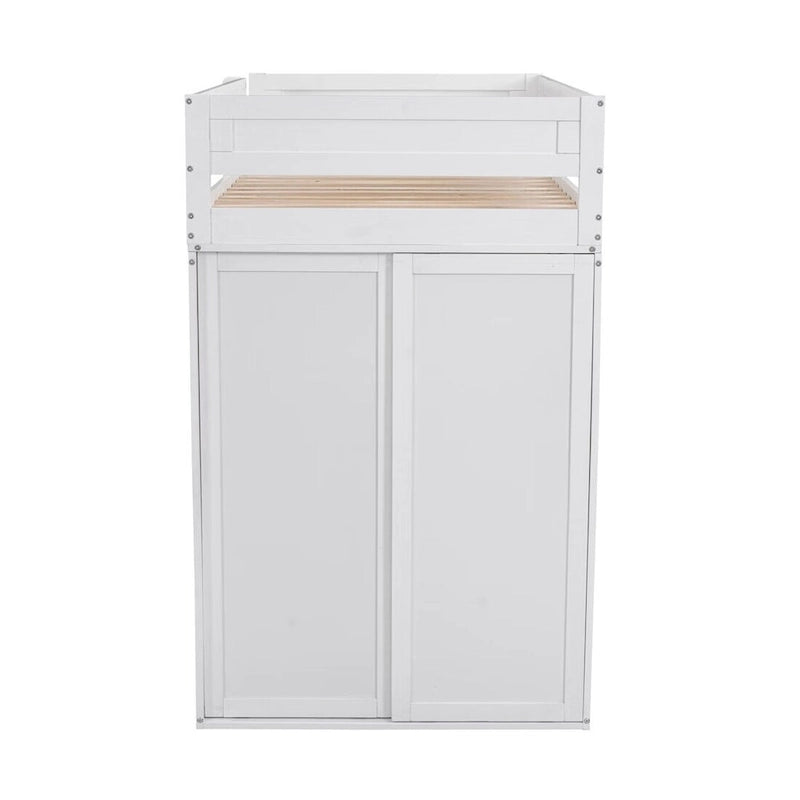 Lit mezzanine gris/blanc avec armoire, bureau et meuble de rangement – Jumeau/Double, 1 personne
