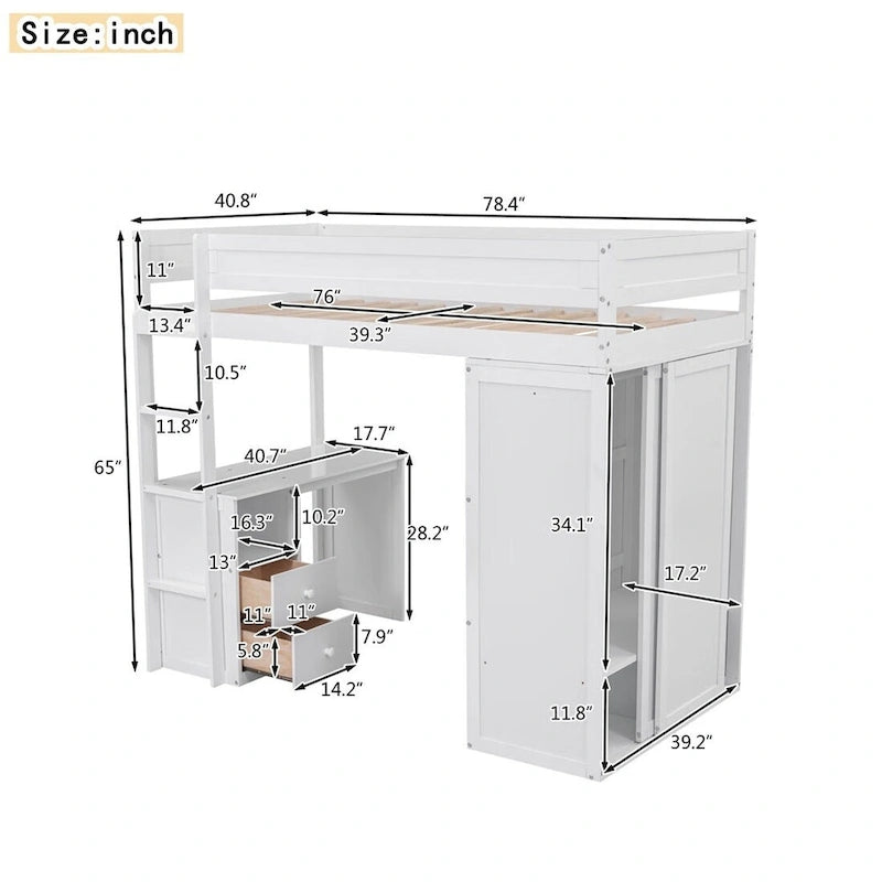 Lit mezzanine gris/blanc avec armoire, bureau et meuble de rangement – Jumeau/Double, 1 personne