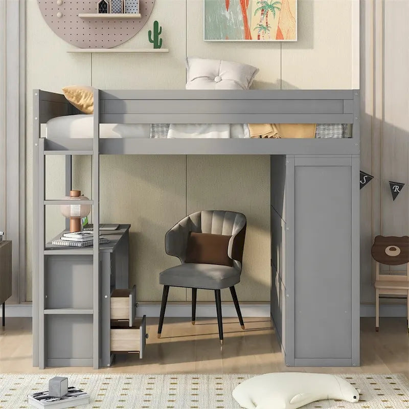 Lit mezzanine gris/blanc avec armoire, bureau et meuble de rangement – Jumeau/Double, 1 personne