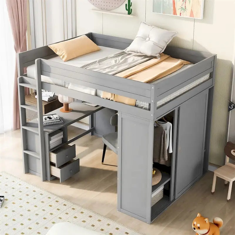 Lit mezzanine gris/blanc avec armoire, bureau et meuble de rangement – Jumeau/Double, 1 personne