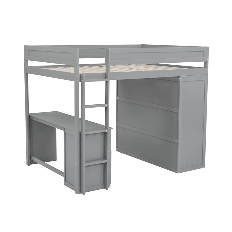 Lit mezzanine gris/blanc avec armoire, bureau et meuble de rangement – Jumeau/Double, 1 personne