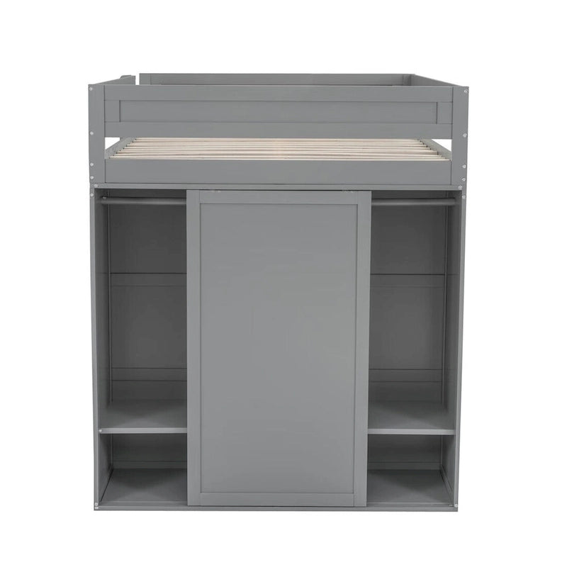 Lit mezzanine gris/blanc avec armoire, bureau et meuble de rangement – Jumeau/Double, 1 personne