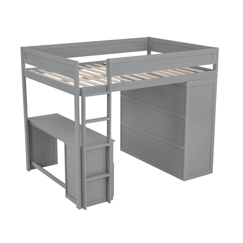 Lit mezzanine gris/blanc avec armoire, bureau et meuble de rangement – Jumeau/Double, 1 personne
