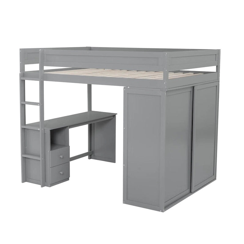 Lit mezzanine gris/blanc avec armoire, bureau et meuble de rangement – Jumeau/Double, 1 personne