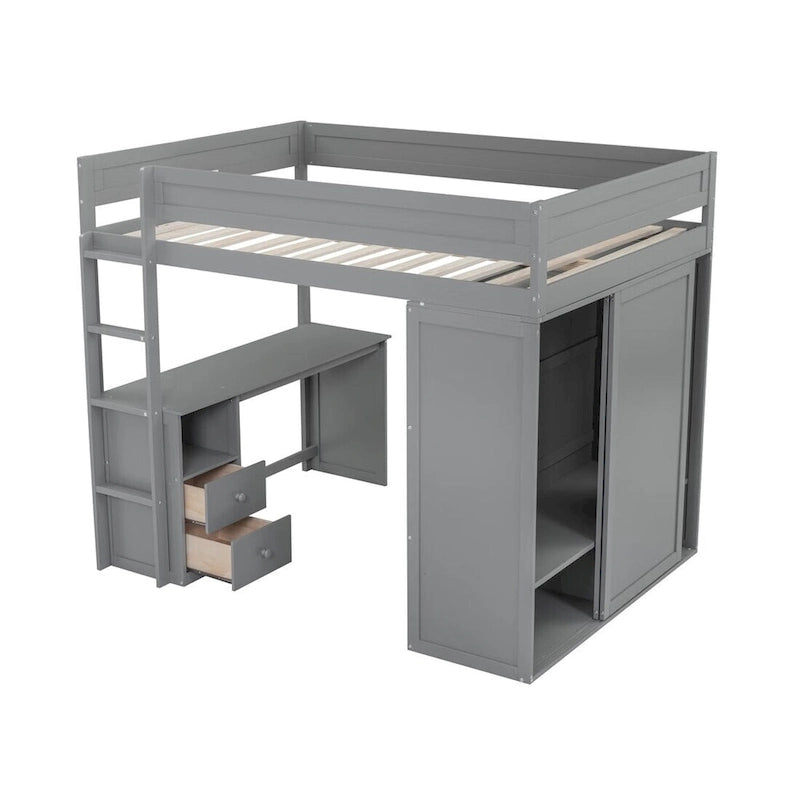 Lit mezzanine gris/blanc avec armoire, bureau et meuble de rangement – Jumeau/Double, 1 personne