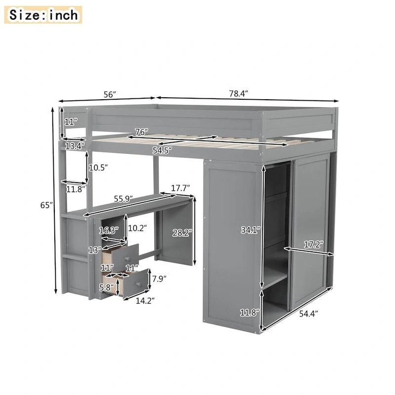 Lit mezzanine gris/blanc avec armoire, bureau et meuble de rangement – Jumeau/Double, 1 personne