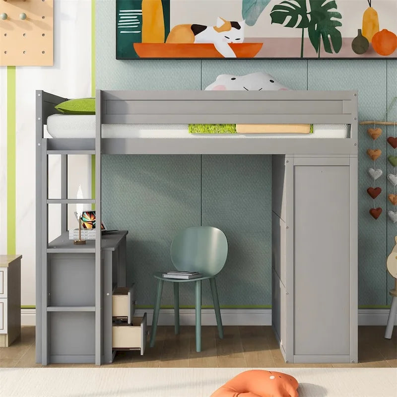 Lit mezzanine gris/blanc avec armoire, bureau et meuble de rangement – Jumeau/Double, 1 personne