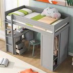 Lit mezzanine gris/blanc avec armoire, bureau et meuble de rangement – Jumeau/Double, 1 personne