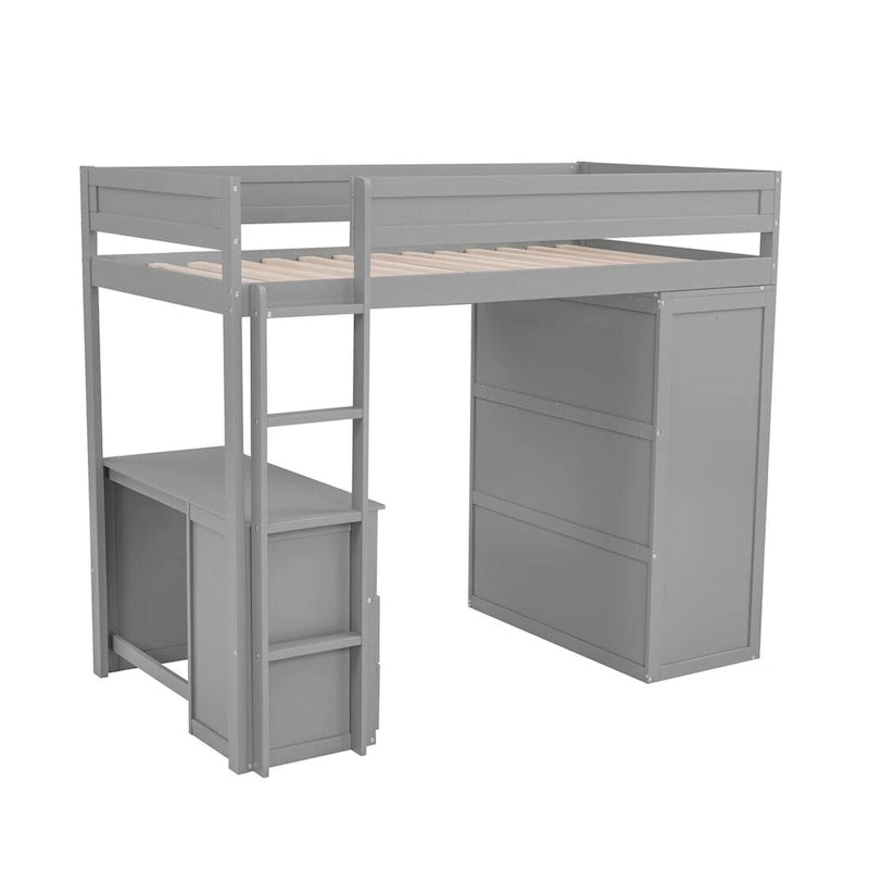Lit mezzanine gris/blanc avec armoire, bureau et meuble de rangement – Jumeau/Double, 1 personne