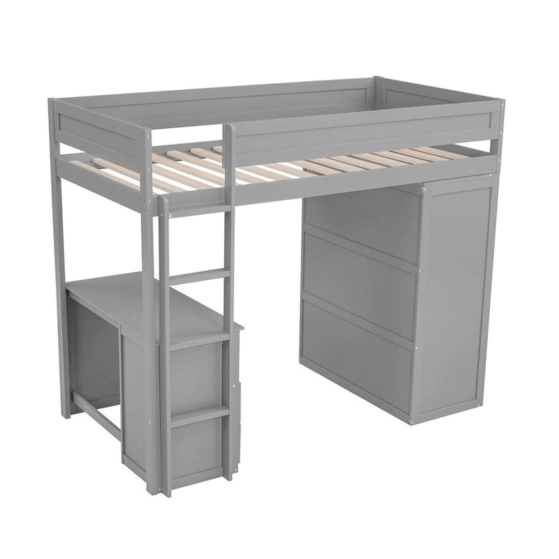 Lit mezzanine gris/blanc avec armoire, bureau et meuble de rangement – Jumeau/Double, 1 personne