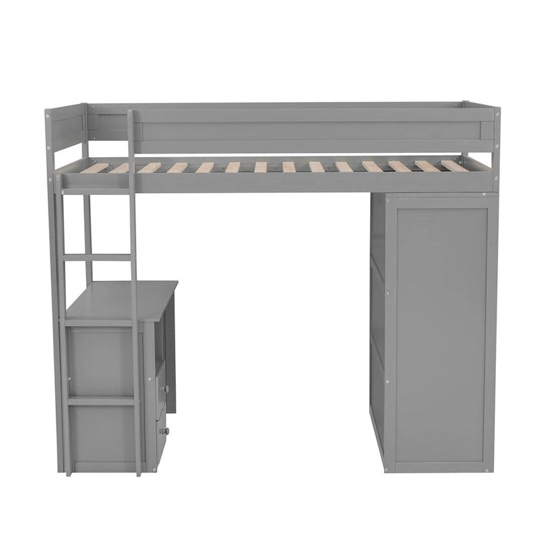 Lit mezzanine gris/blanc avec armoire, bureau et meuble de rangement – Jumeau/Double, 1 personne