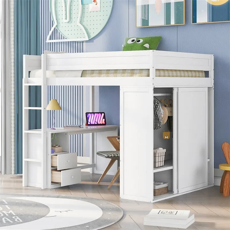 Lit mezzanine gris/blanc avec armoire, bureau et meuble de rangement – Jumeau/Double, 1 personne