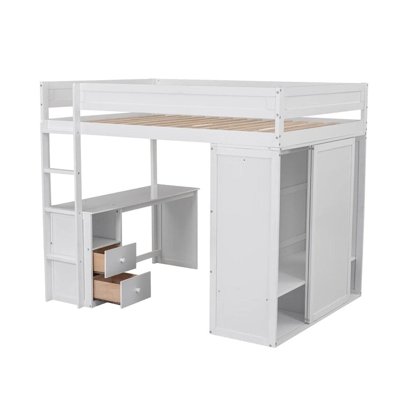 Lit mezzanine gris/blanc avec armoire, bureau et meuble de rangement – Jumeau/Double, 1 personne