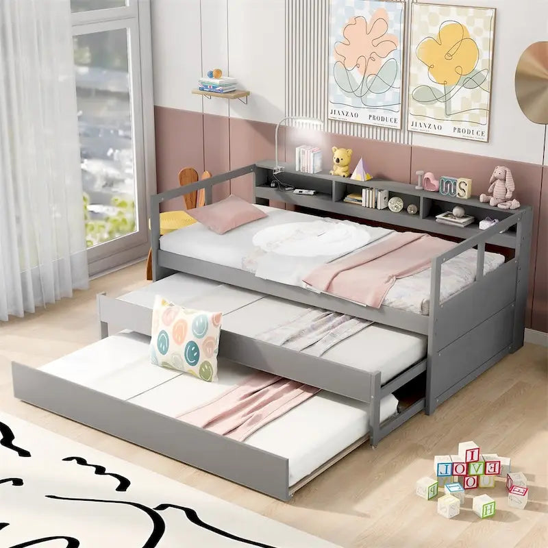 Lit de jour double XL en bois avec 2 lits gigognes, blanc/gris, pour 3 personnes