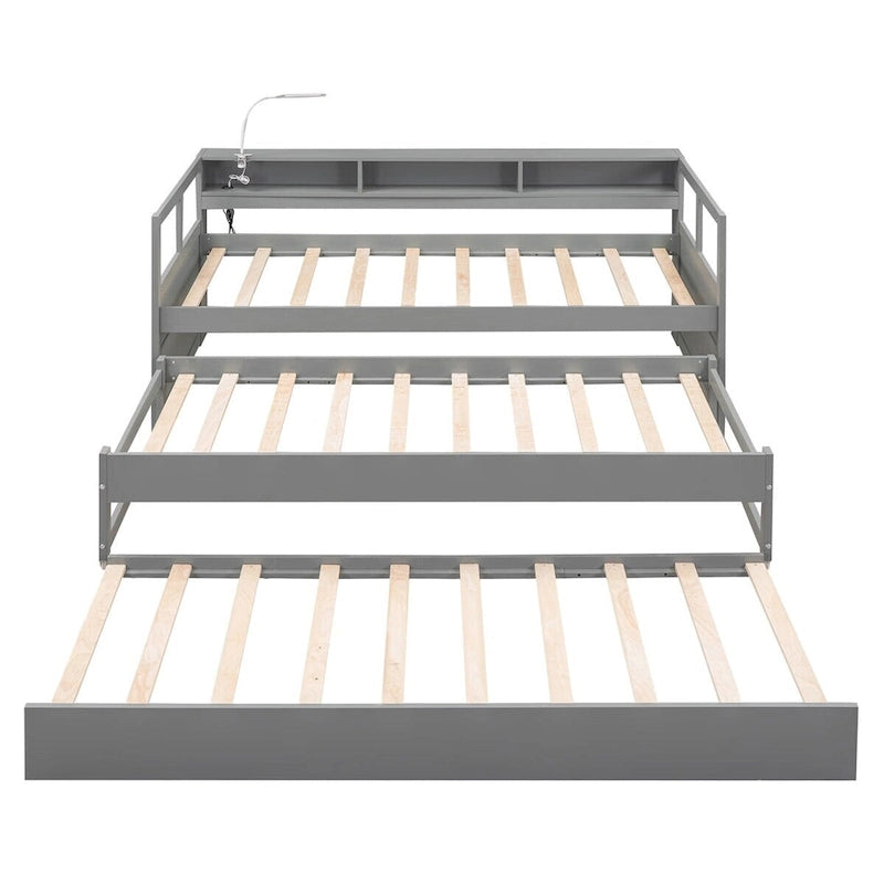 Lit de jour double XL en bois avec 2 lits gigognes, blanc/gris, pour 3 personnes