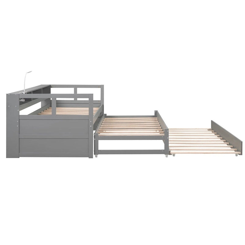 Lit de jour double XL en bois avec 2 lits gigognes, blanc/gris, pour 3 personnes