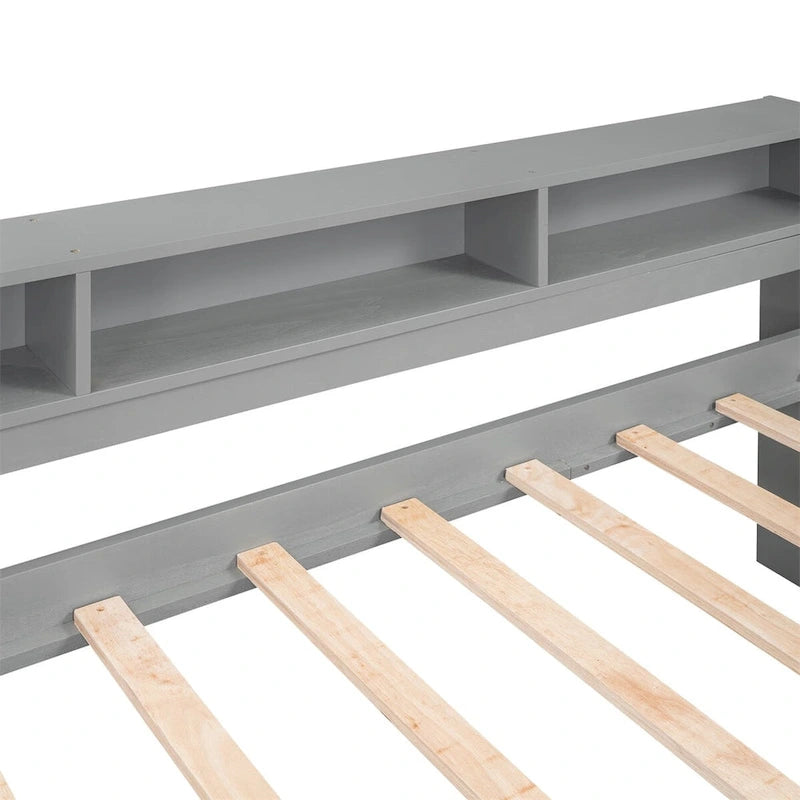 Lit de jour double XL en bois avec 2 lits gigognes, blanc/gris, pour 3 personnes