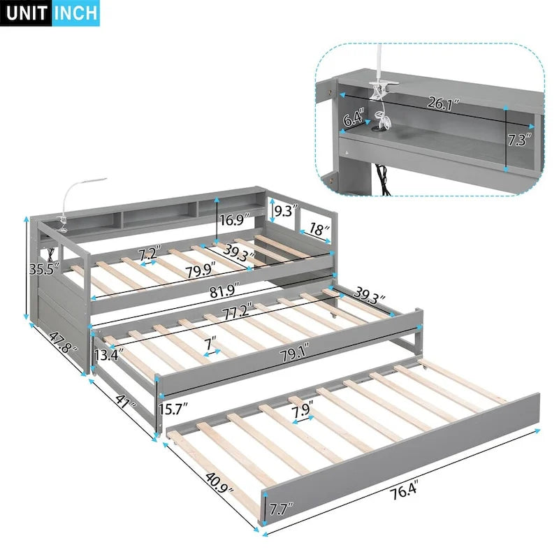 Lit de jour double XL en bois avec 2 lits gigognes, blanc/gris, pour 3 personnes